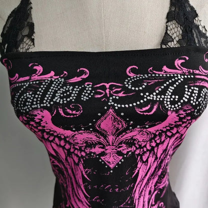 Kimotimo Vintage Letter Diamonds Print Fake Two Lace Halter Vest Women Punk Y2k Slim Sleeveless Crop Top Harajuku Gothic Tanks