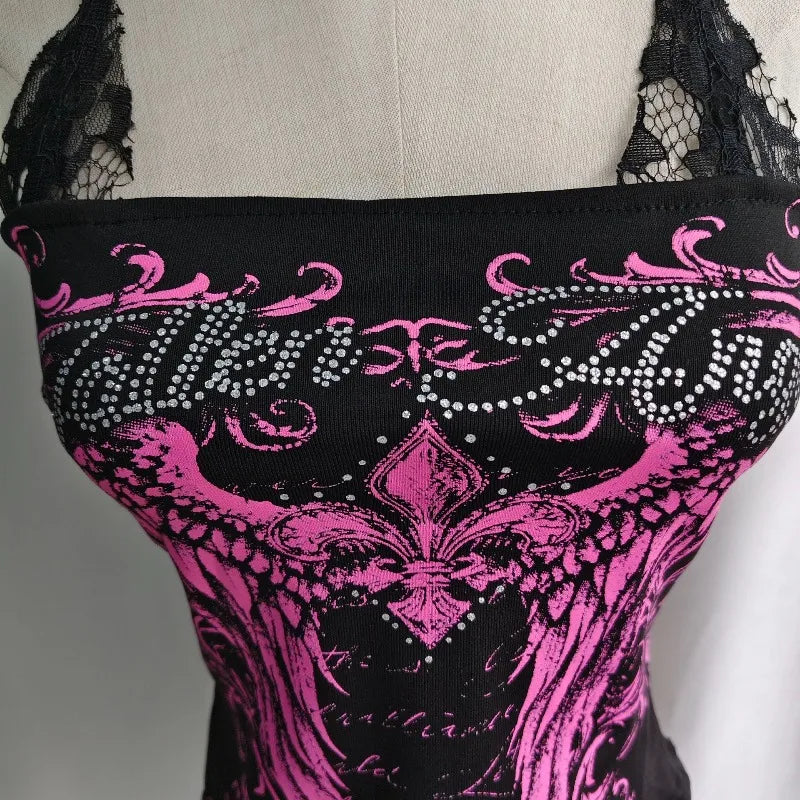 Kimotimo Vintage Letter Diamonds Print Fake Two Lace Halter Vest Women Punk Y2k Slim Sleeveless Crop Top Harajuku Gothic Tanks