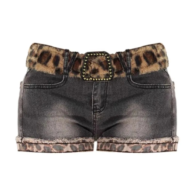 Euphoria Y2K Sheath High Waist Pleated Patchwork Skirts Without Belt Women's Slim Fit Hotsweet Sexy Style Leopard Denim Skirt