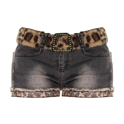 Euphoria Y2K Sheath High Waist Pleated Patchwork Skirts Without Belt Women's Slim Fit Hotsweet Sexy Style Leopard Denim Skirt