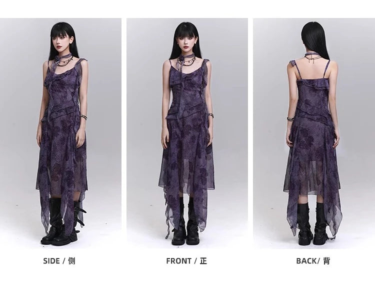 Women's Purple Tie-Dye V-Neck Midi Dress