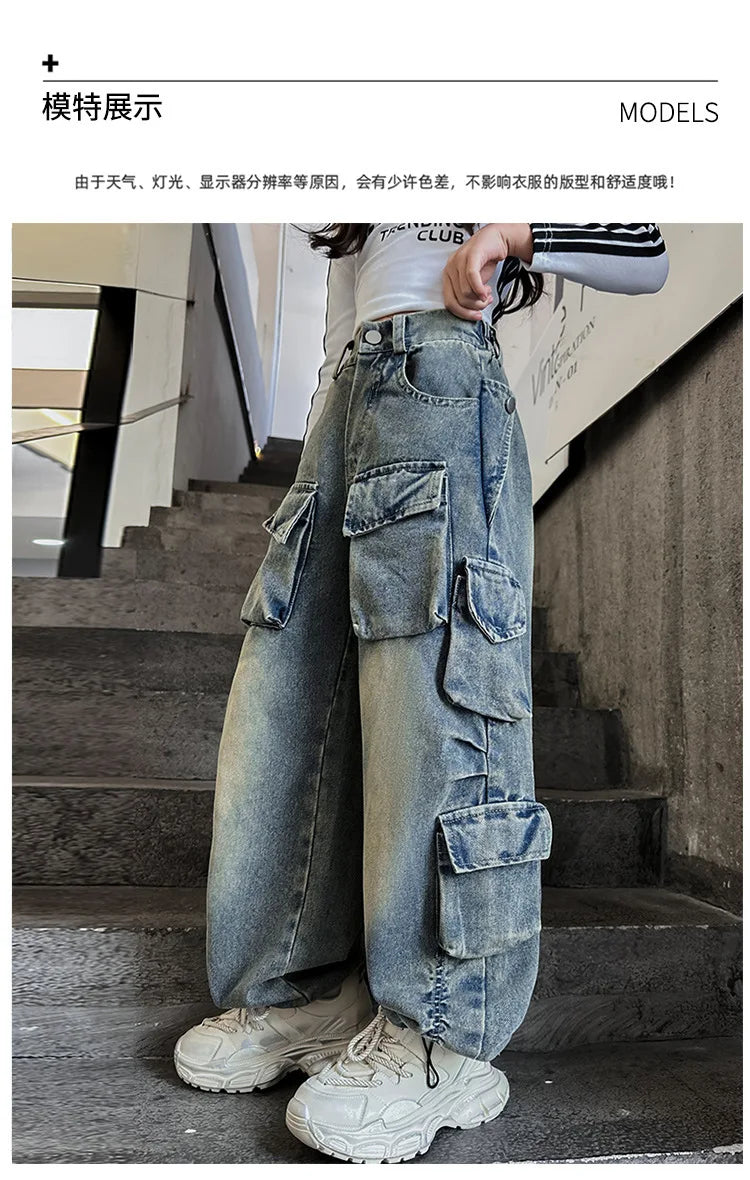 Cargo Jeans for Girls 2026 Spring Loose Casual Elastic Waist Teenage Children Wide Leg Pants Design Streetwear Kids Trousers