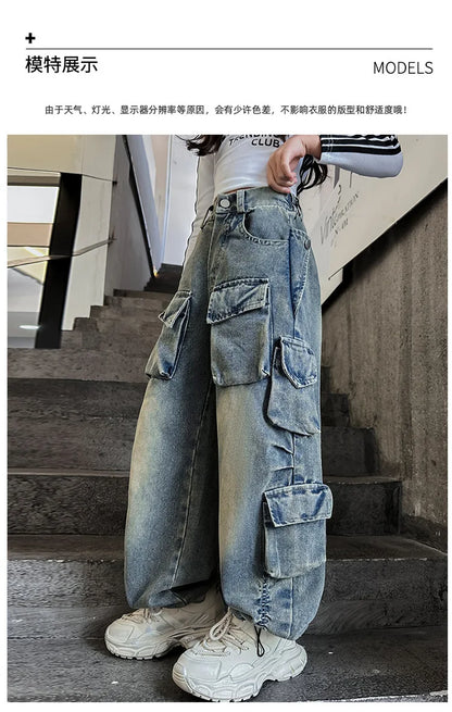Cargo Jeans for Girls 2026 Spring Loose Casual Elastic Waist Teenage Children Wide Leg Pants Design Streetwear Kids Trousers