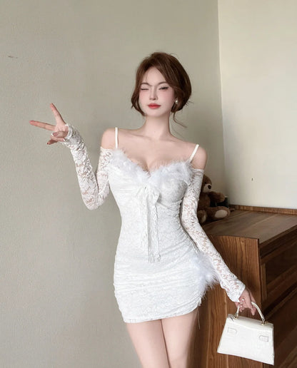 Women's Lace Bodice Long-Sleeve Mini Dress