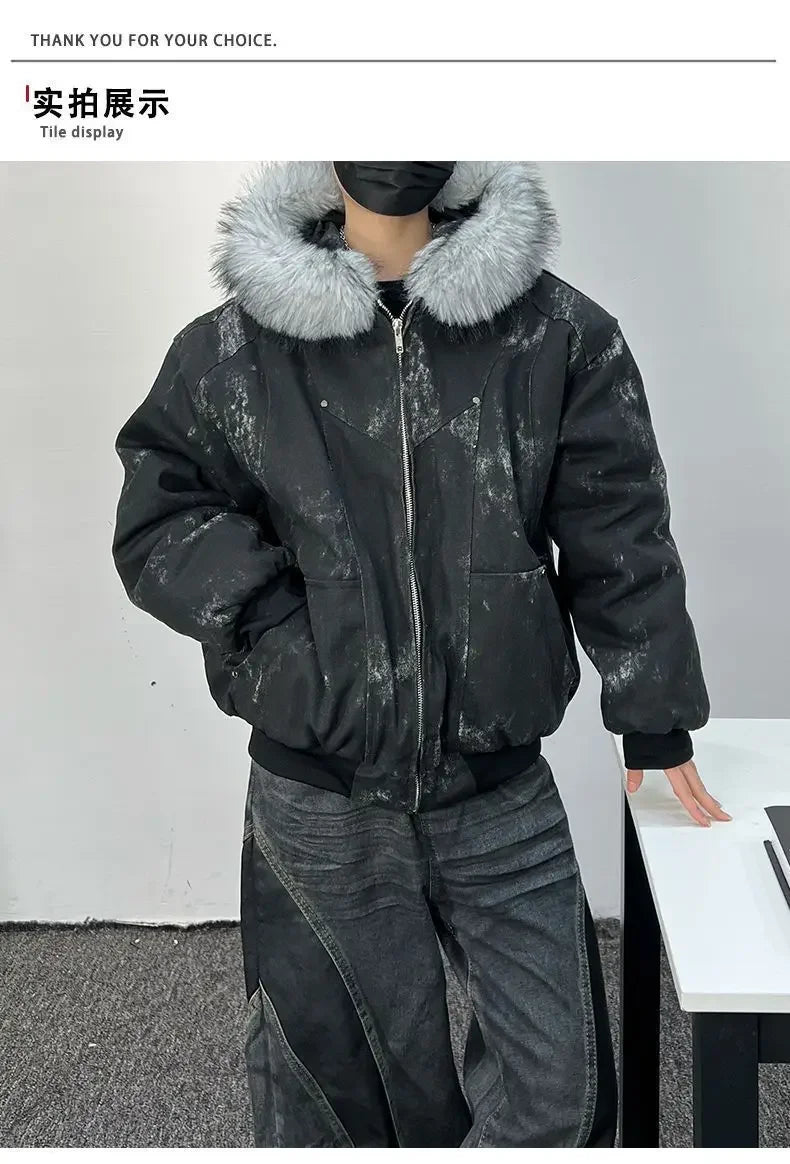Winter men's cotton jacket with fur collar eagle embroidery and tie-dye design outdoor style jacket thickens and comfortable