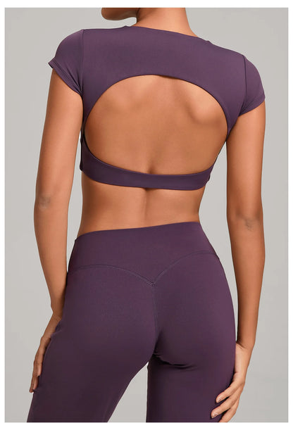 Hollow Backless Short Sleeve Sporty Slim T-shirt Women Crop Top Breathable Quick Dry Gym Workout Top Sport Shirt Fitness Clothes