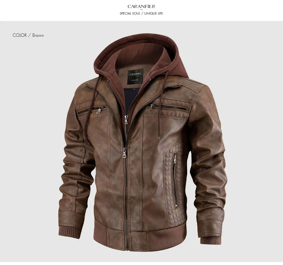 CARANFIER Men PU Leather Jacket Male Moto Biker Hooded Luxury Coats Clothing Faux Vintage Outerwear Chaqueta Hombre Dropshipping