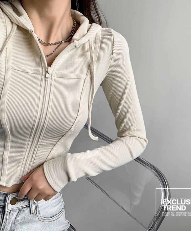Apex Ritual – Thin Hooded Cardigan Women – Korean Vintage Slim Summer Striped Zipper Crop Top
