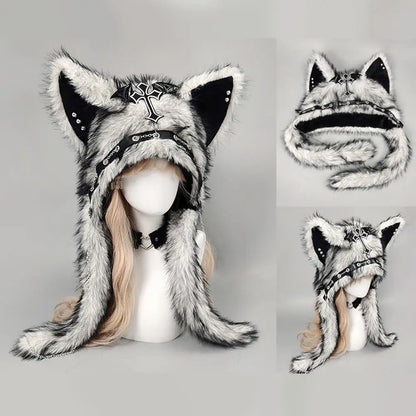 Winter Plush Beanie Hats Punk Wolf Furry Ear Protection Outdoor Windproof Caps Couples Headwear Gothic Dark Fursuit Cosplay Prop