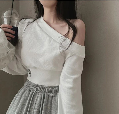 Slim Fit Long Sleeve Hoodie Women's Style Irregular Collar Show Shoulder Waist Cinching Short Length Commute Fashion  Color