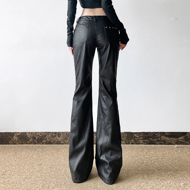 2025 Autumn Winter Women's PU Pants Low Rise Goblin Core Faux Leather Trousers Bell Bottom Gothic Japanese Y2k Stretch 2000s New