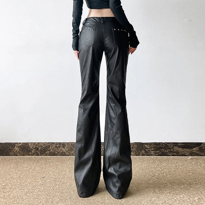 2025 Autumn Winter Women's PU Pants Low Rise Goblin Core Faux Leather Trousers Bell Bottom Gothic Japanese Y2k Stretch 2000s New