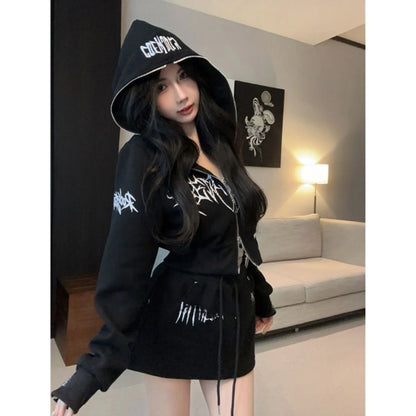 Dark Style Short Letter Sweatshirt And Skirt Set for Women Trendy Streetwear - APEX RITUAL women's hoodies & sweatshirts