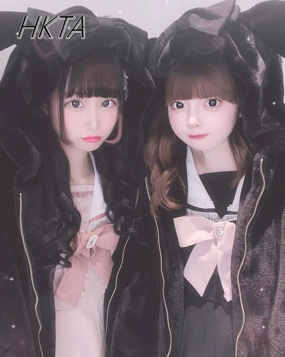 High Quality Japanese Winter New Sweet Cute Mine Cute Rabbit Ear Plush Cotton Coat Jacket Girl Lolita Fur Coats Women Parkas