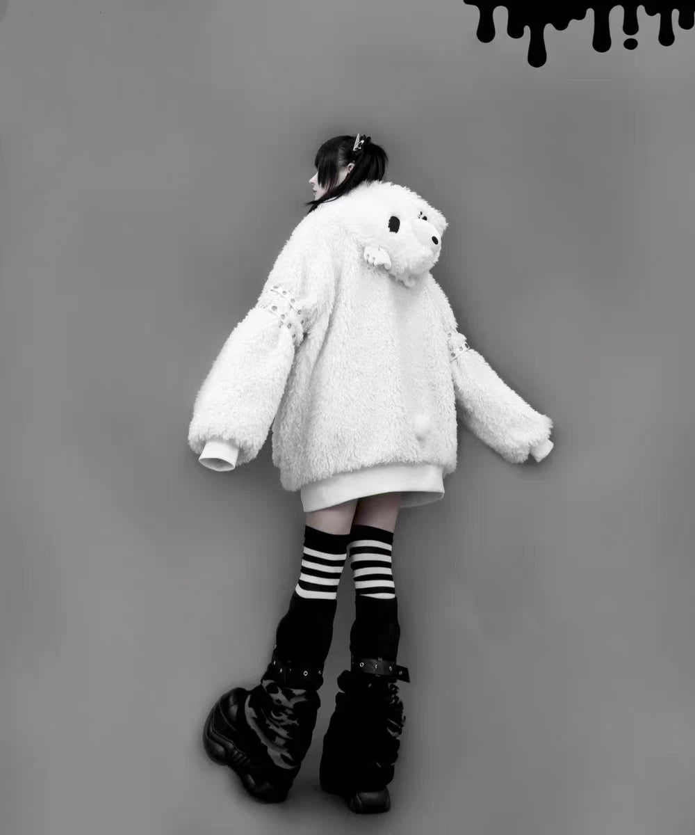 Japanese Gothic Hooded Plush Coat New Autumn Winter Subculture Cool Girl Women's Punk Rivet Lamb Wool Hoodie Jacket Zipper Coat