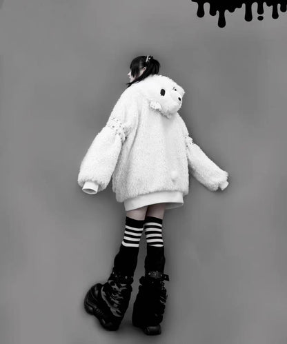 Japanese Gothic Hooded Plush Coat New Autumn Winter Subculture Cool Girl Women's Punk Rivet Lamb Wool Hoodie Jacket Zipper Coat
