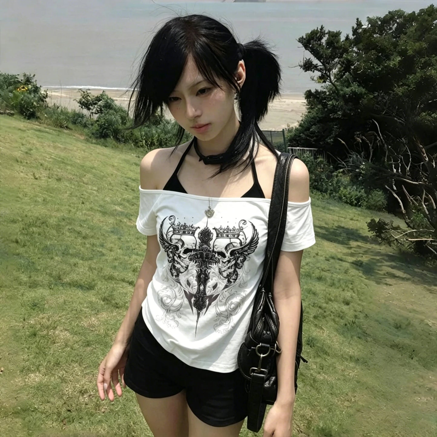 American Retro Fake Two Piece T-shirts Off Shoulder Short Sleeve Y2k Slim Fit Top Tee Skull Print Harajuku Streetwear 2026