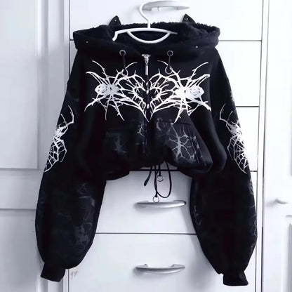 Goth Fashion Hoodie Women Y2K Oversized Graphic Print Dark Aesthetic Punk Harajuku Casual Sweatshirt Fashion Long Sleeved Jacket