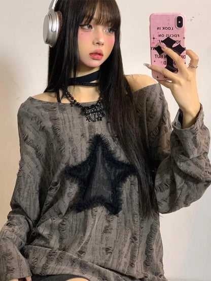New 2025 Japanese Sle Dstring Spicy Girl T-irt Women's Spring Autumn Star Hole Loose Long Sve Top Fem Faion