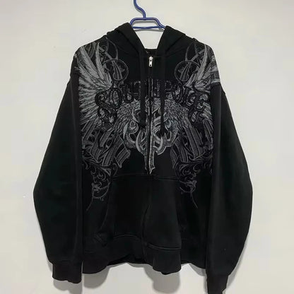 2025 American Vintage Oversized Skull Graphic Zipper Hoodie Men Y2K Harajuku Hip Hop Gothic Couple Casual Joker Sweatshirt Coats