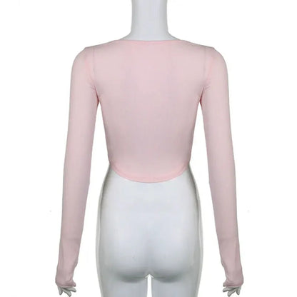 Mooyu Cute Bandage Bow Cropped Top Pink Sweet Coquette Sweet T Shirts Fall Spring Casual Square Collar Tees Women y2k Aesthetic