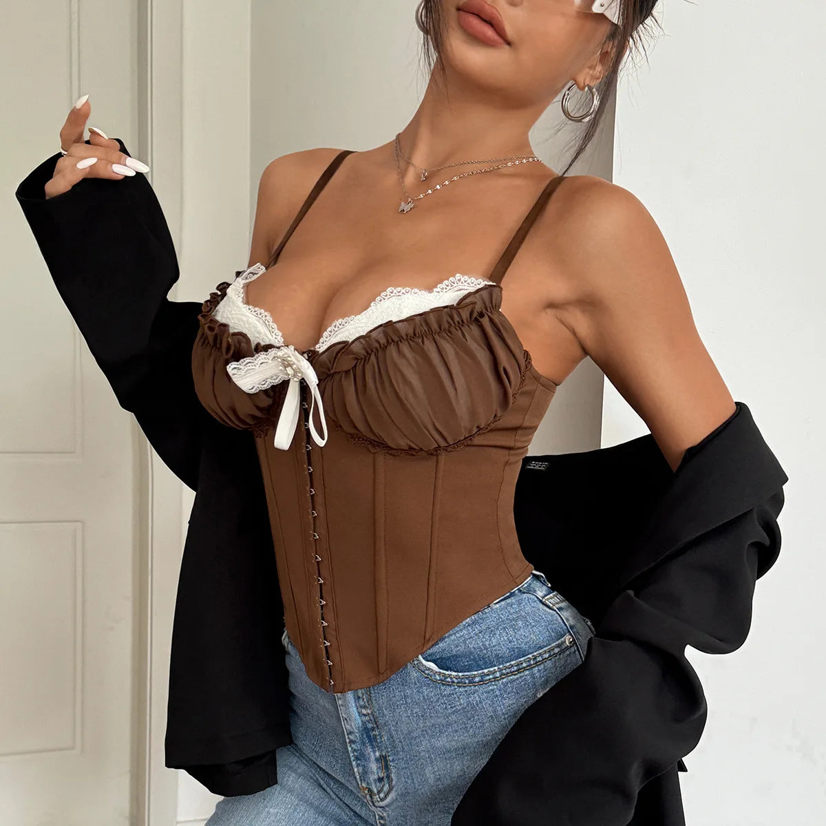 SSexy V Neck Y2K Crop Tops Lace Patchwork Pleated Bowknot Corset Top Sexy Backless Slim Camisole Body Shape Fishbone Bustier