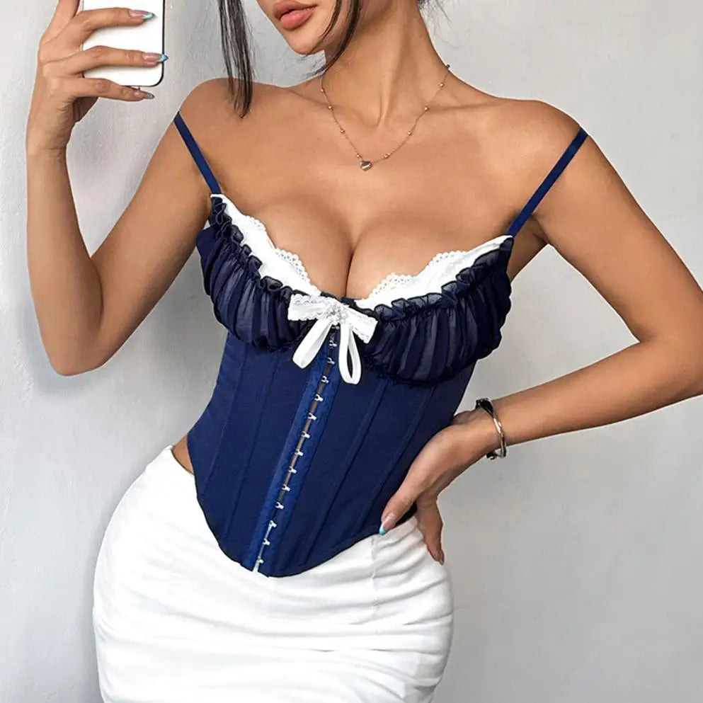 SSexy V Neck Y2K Crop Tops Lace Patchwork Pleated Bowknot Corset Top Sexy Backless Slim Camisole Body Shape Fishbone Bustier