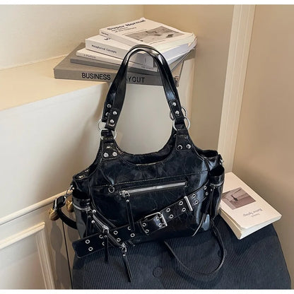 Fashionable Large Capacity Rivet Street Style Women's Tote Bag Shoulder Crossbody Bag Durable Polyester  Commuter Bag