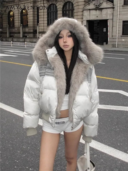 2024 Winter New American Street Style Patch Fur Short Solid Color Warm Thickened Padded Fashionable Versatile Jacket for Girl