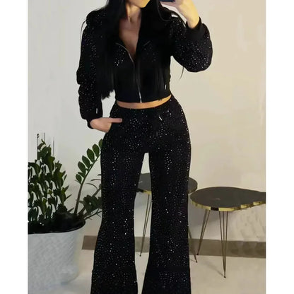 Apex Ritual – Hot Drilling Design Hoodie – High Waist Long Pants Fashion Casual Women's Tracksuit
