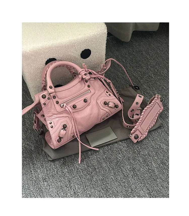 Neo Motorcycle Bag Handheld Rivet Head Layered Oil Wax Cowhide Crossbody Women's Bag Cool And Spicy Girl Retro Style Tote Bag