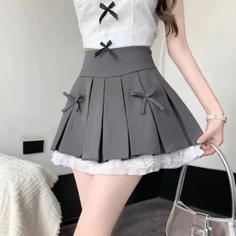 Sweet  Knot Pleated High Waist f Skirt Women's 2024 New Sle Splice Lace Sexy A-Line ort Skirt Commute Korean ...