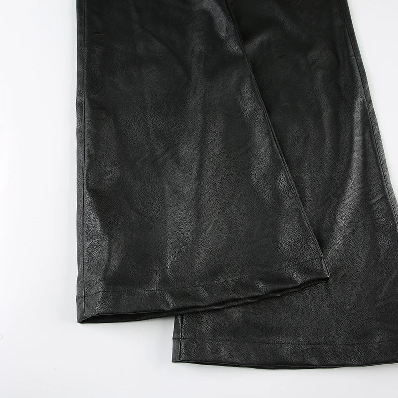 2025 Autumn Winter Women's PU Pants Low Rise Goblin Core Faux Leather Trousers Bell Bottom Gothic Japanese Y2k Stretch 2000s New