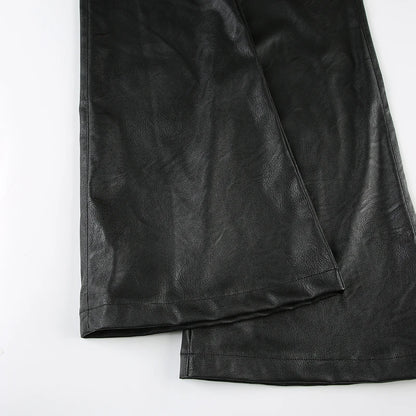 2025 Autumn Winter Women's PU Pants Low Rise Goblin Core Faux Leather Trousers Bell Bottom Gothic Japanese Y2k Stretch 2000s New
