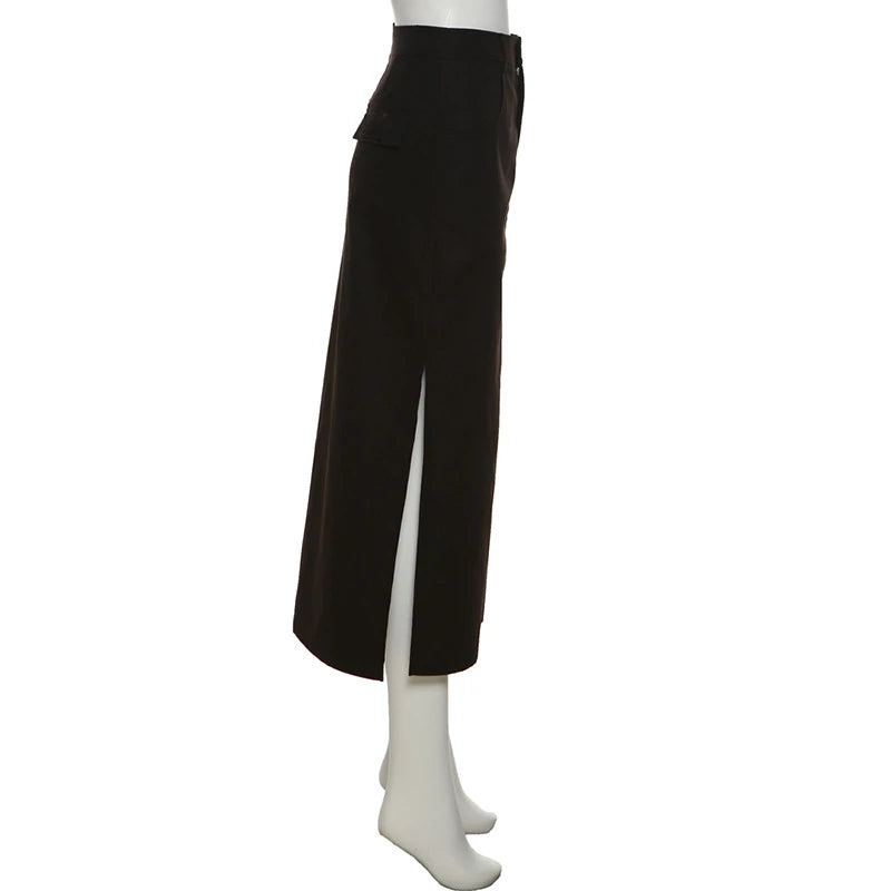 Women Midi Skirts Goth Dark Grunge Casual Tag Split Mall Gothic Punk High Raise Slim Long Skirt Y2k Sexy Fashion Streetwear