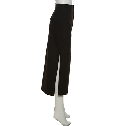 Women Midi Skirts Goth Dark Grunge Casual Tag Split Mall Gothic Punk High Raise Slim Long Skirt Y2k Sexy Fashion Streetwear