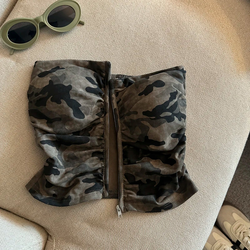 Sexy American Girl Camouflage Print Tube Top Vest Women's Summer Zipper Open Cardigan Shoulder Bared Short Style Top