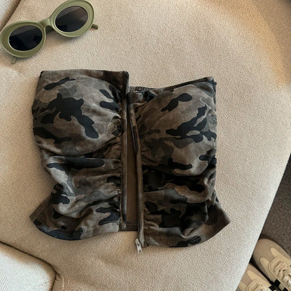 Sexy American Girl Camouflage Print Tube Top Vest Women's Summer Zipper Open Cardigan Shoulder Bared Short Style Top