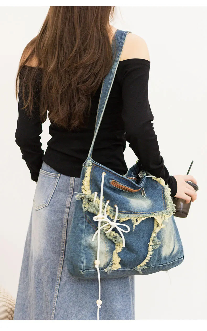 Y2K Korean Harajuku Gothic Hobo Denim Bag Aesthetic Vintage Purses WomenHandbag Crossbody Messenger Tote Peddler Shoulder Bags