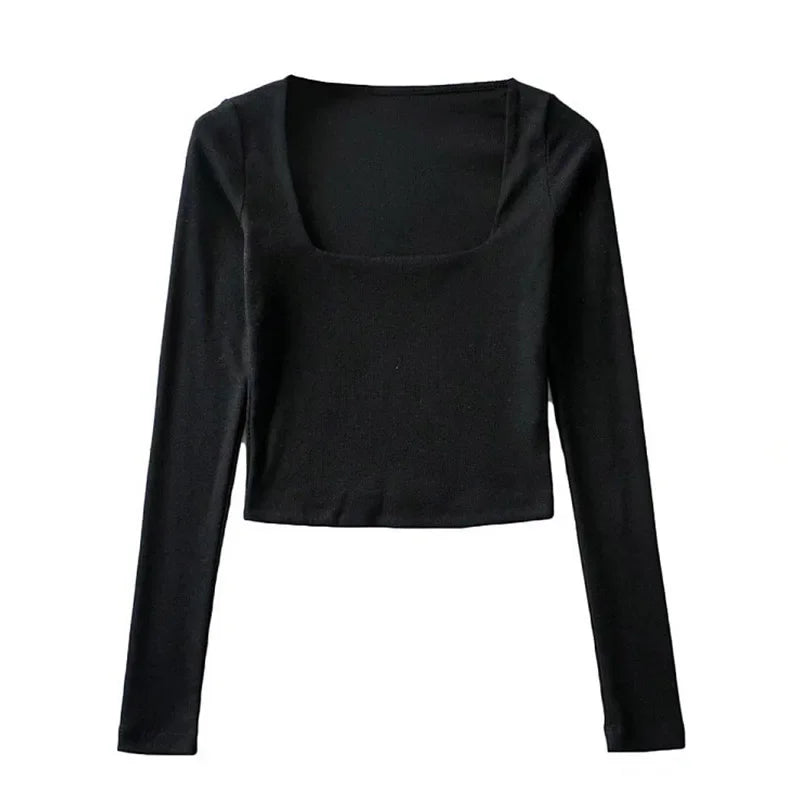 Women's Ribbed Square-Neck Long-Sleeve Crop Top