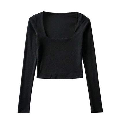 Women's Ribbed Square-Neck Long-Sleeve Crop Top