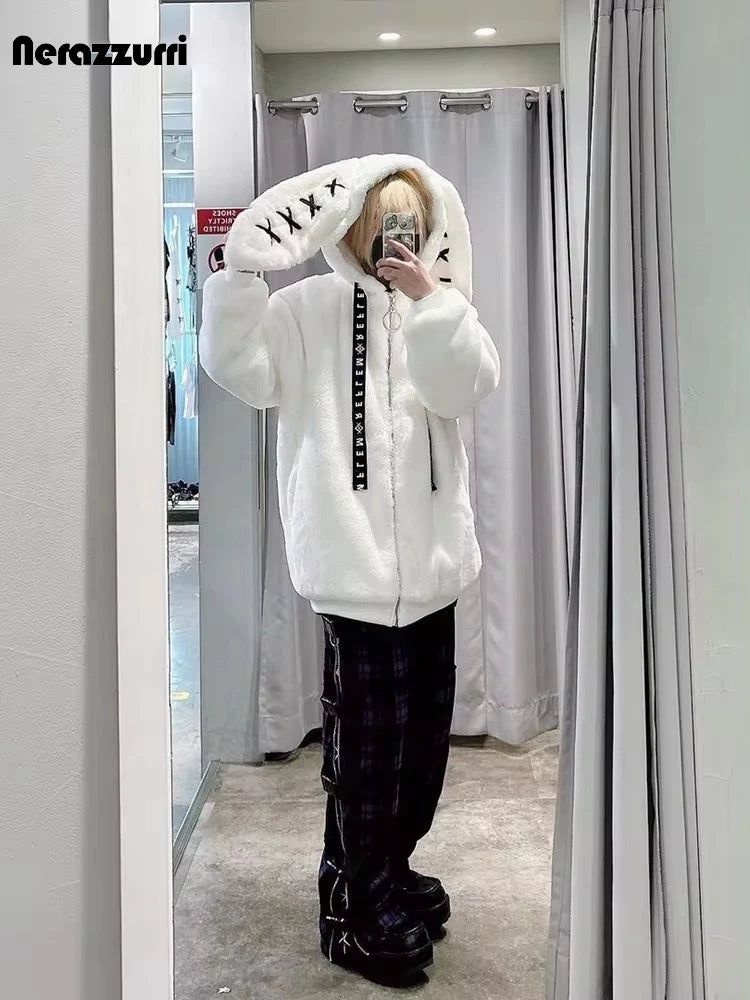 Women's White Faux Fur Bunny-Ear Coat