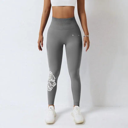 New high-waisted women's printed fitness yoga pants wolf head pattern buttocks tight sports high-elastic fitness leggings.
