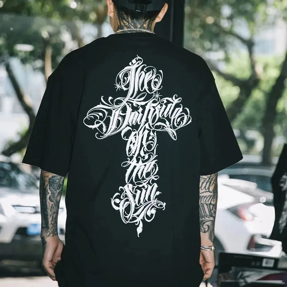 Harajuku Streetwear Hip Hop Men's Tattoo Chicano Front Fross Short Sleeve - APEX RITUAL men's t-shirts