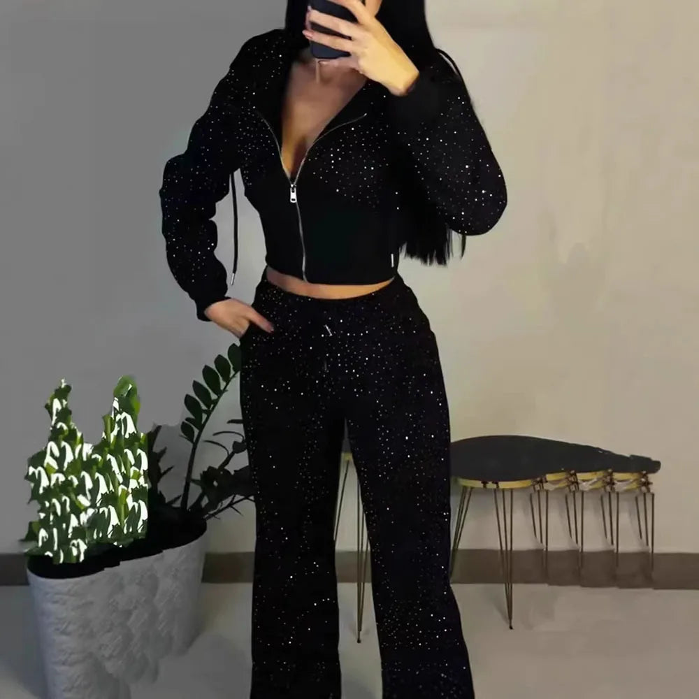 Apex Ritual – Hot Drilling Design Hoodie – High Waist Long Pants Fashion Casual Women's Tracksuit