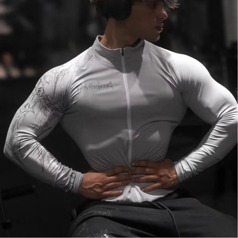 American Trendy Men'S Sportswear 2026 New Model Gym Fitness Tight-Fitting Clothes, Fitness Zipper Stand-Up Collar T-Shirt