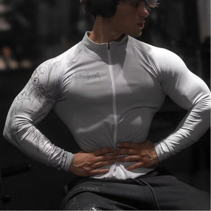 American Trendy Men'S Sportswear 2026 New Model Gym Fitness Tight-Fitting Clothes, Fitness Zipper Stand-Up Collar T-Shirt