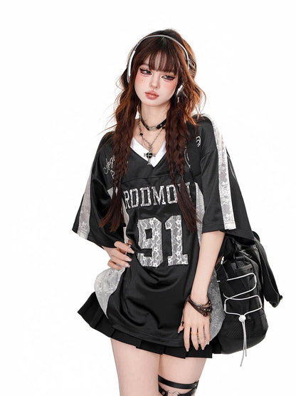Retro American Splice V-neck Hollow out Lace Short Sleeve T-shirt Women Summer Embroidered Loose Sports Silver Top