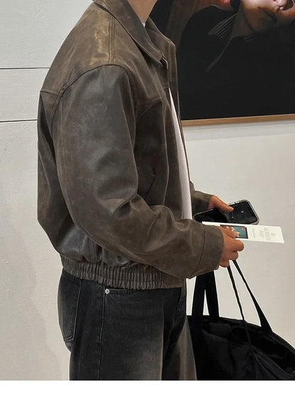 Spring Autumn Vintage Lightweight Distressed Washed Brown Pu Leather Jacket Men Zipper Casual Korean Fashion Clothes