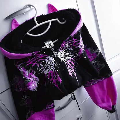 New Purple Cropped Hoodie Women Butterfly Graphic Print kawaii Cat Ear Zip Up Drawstring Waist Y2K Gothic Streetwear Sweatshirt